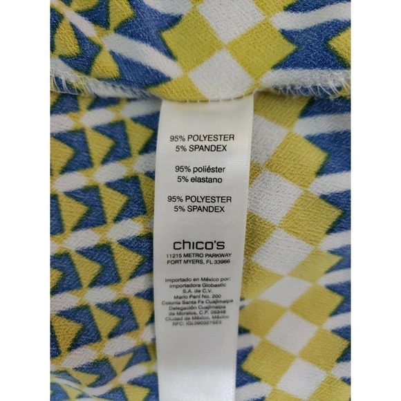 Chico's ~Woman Size 3~ Yellow/Blue Flare Top Blouse, Stretch, 3/4 Sleeve. - Picture 10 of 12